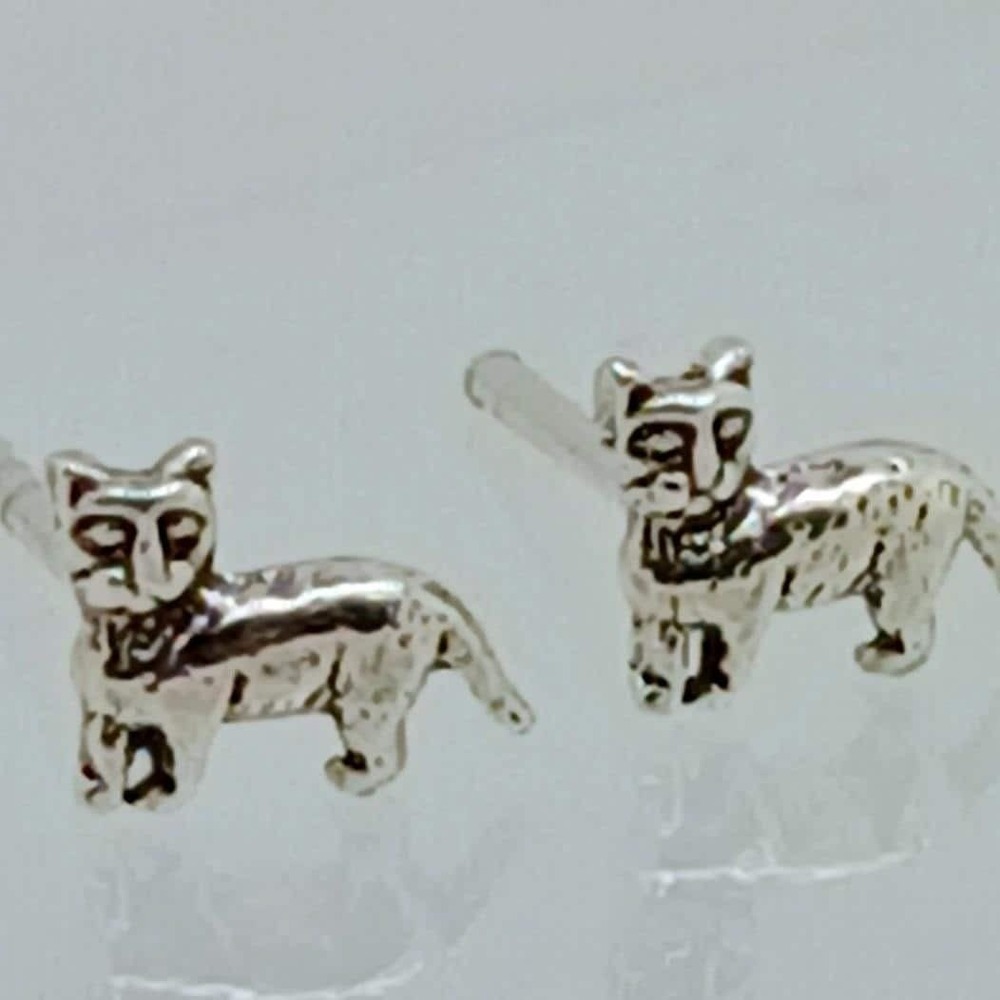 Vintage Sterling Silver Cat Stud‎ Earrings 925 Dainty Feline Jewelry Tiny Kitty